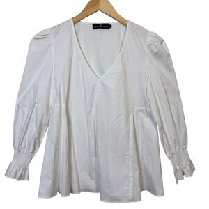 Tuckernuck Pomander Place Women Blouse XS White VNeck Puff Sleeve Cotton Blend‎